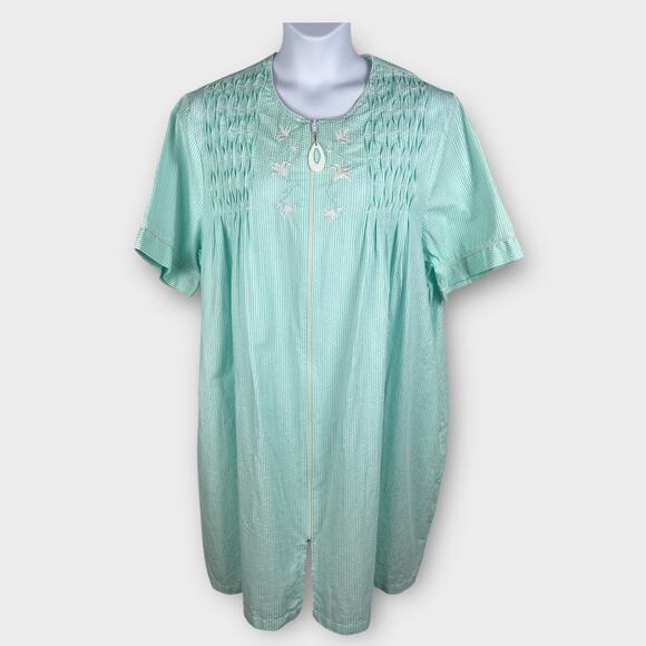 Simply Basic Green white stripe embroidered floral zip house dress muu muu 2XL - Picture 1 of 7